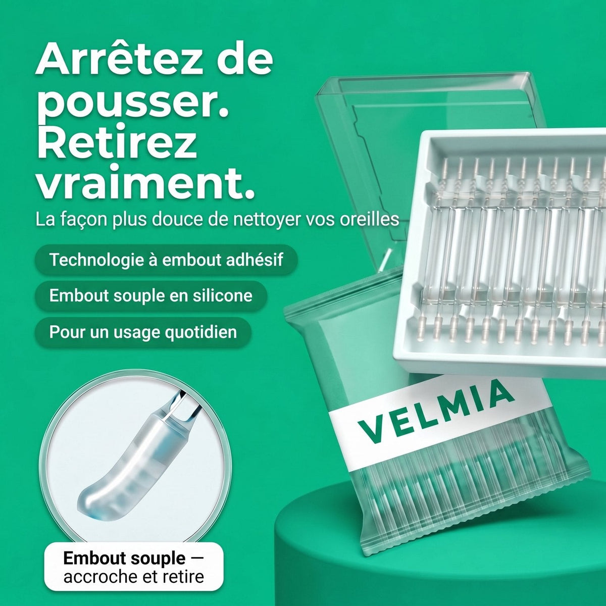 Nettoyeur d'oreilles Velmia - embout souple adhesif